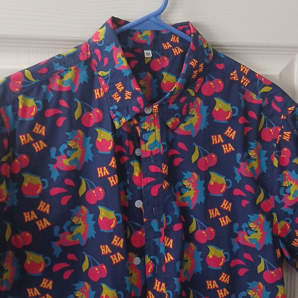 Men's Navy Blue Short-Sleeve Button Shirt with Colorful Fruit Print